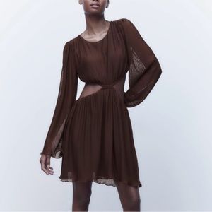 Zara pleated cutout dress brown size S NWOT